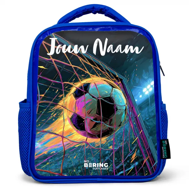 Rugzak kind met naam - Blauw Neon - Net - Voetbal - Kleurrijk