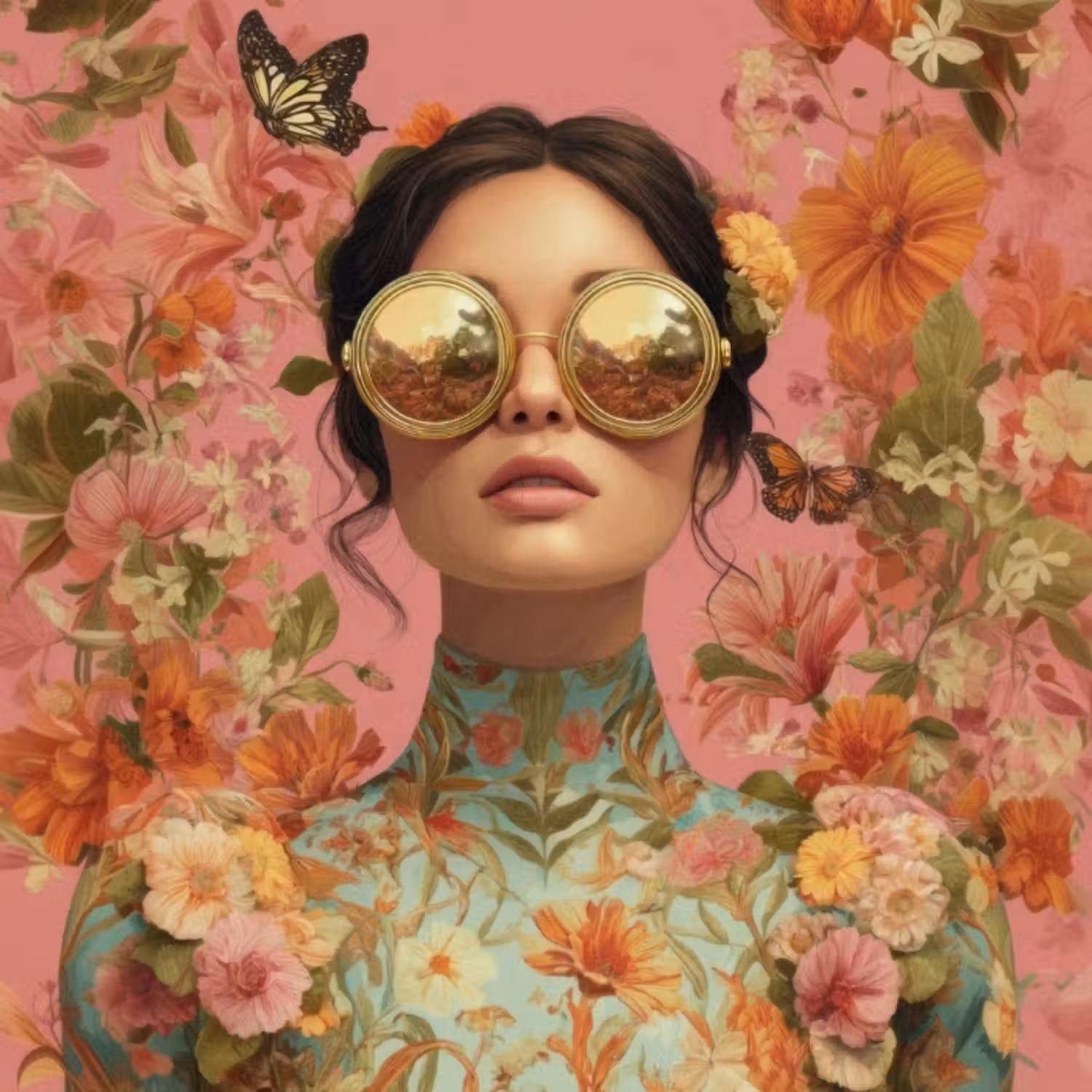 Behang - Vrouw - Bril - Roze - Bloemen