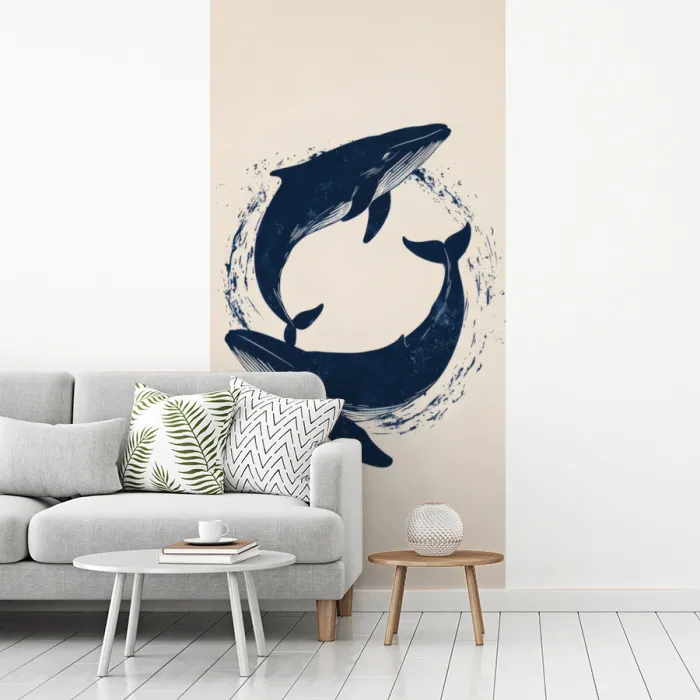 Walvissen - Spetters - Cirkel - Donkerblauw fotobehang vinyl groot -woonkamer