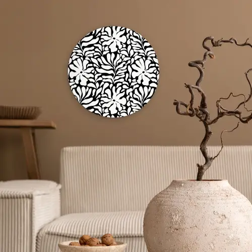Bloemen - Patroon - Zwart - Wit Wandcirkel plexiglas klein 852 -sfeer1