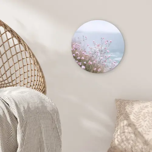 Klif - Bloemen - Zee - Roze Wandcirkel kunststof plaat 5mm dik klein -sfeer5