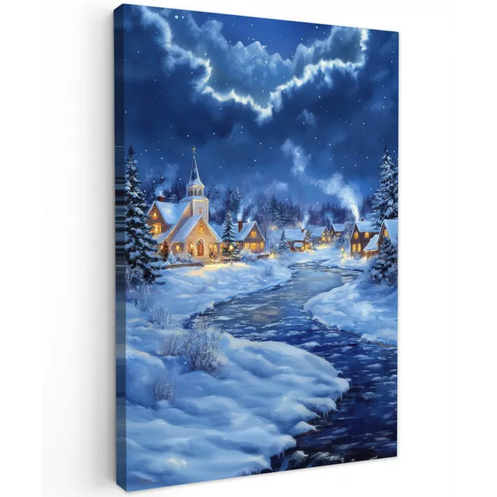 Winteravond - Kerstdorp - Donker Tuinposter op houten frame 2 cm dik klein -3d