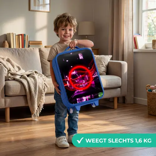 Felrode cirkel boven een neonverlichte stad Kinderkoffer - Blauw klein -sfeer2_NL
