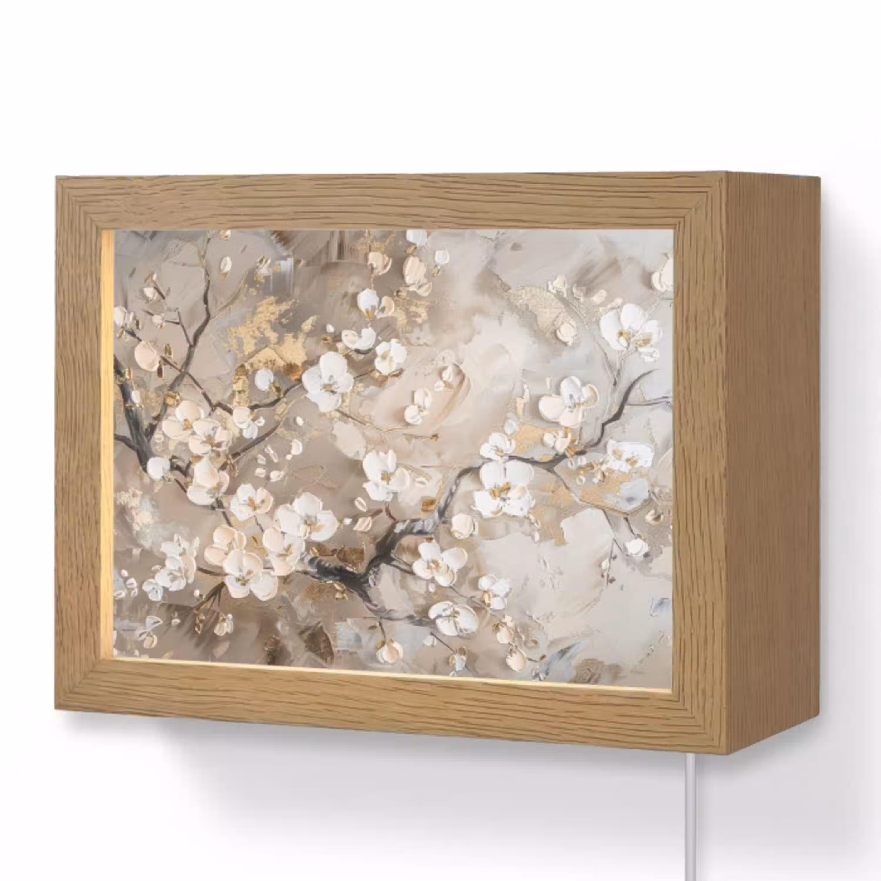Bloemen - Wit - Goud - Beige  - Luxe Light Box met kabel (Wandlamp) klein -3d