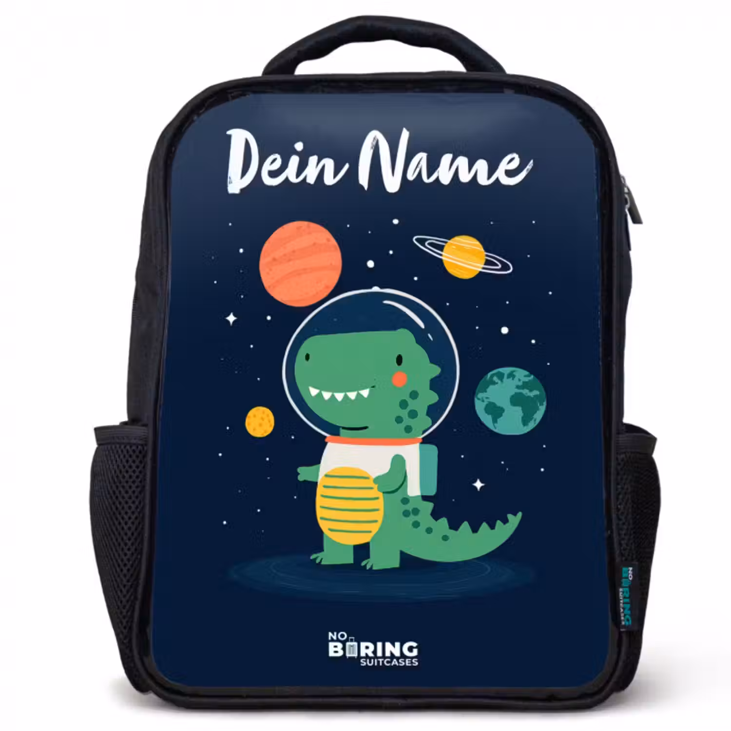 Kinderrucksack mit Namen - Schwarz - Weltraum - Dino - Planeten - Sterne