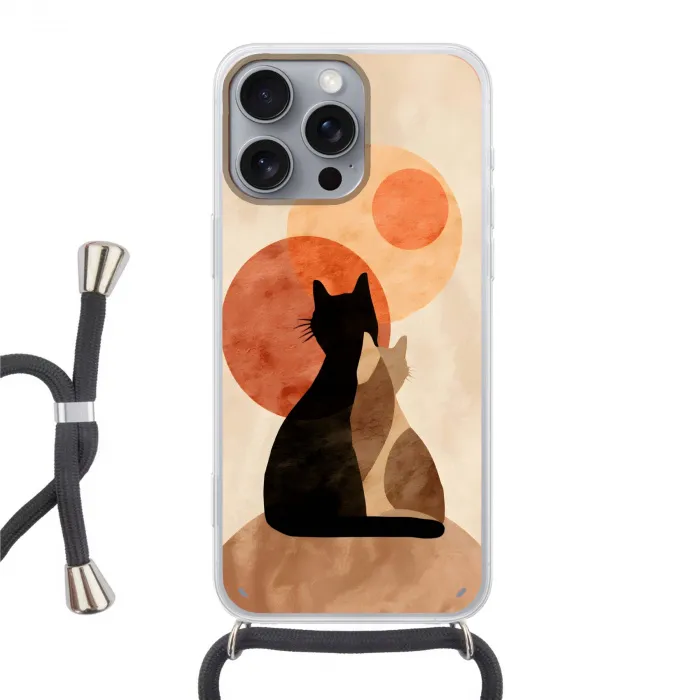 Katten - Zwart - Abstract - Cirkels Hoesje iPhone 16 Pro Max met koord klein -3d