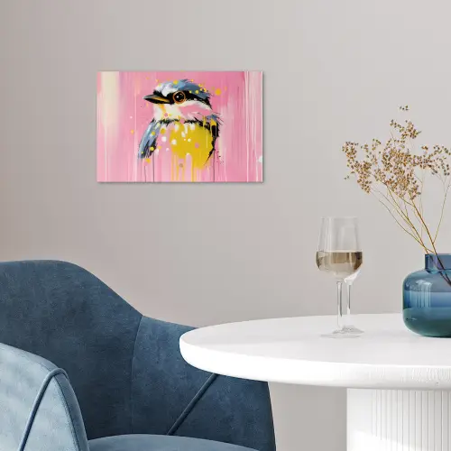Vogel - Roze - Geel - Blauw poster papier klein -sfeer3