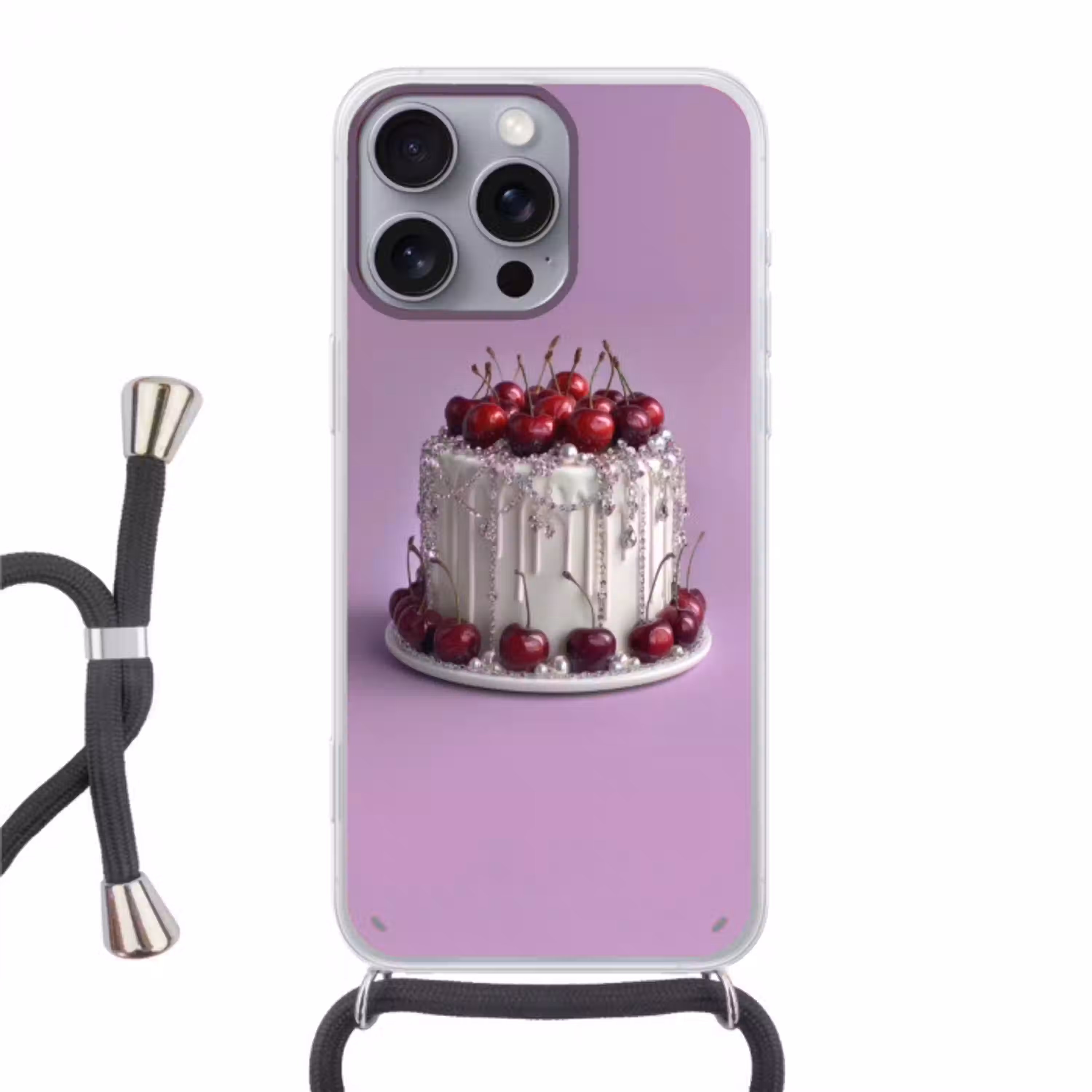 Taart - Kersen - Juwelen - Rood Hoesje iPhone 16 Pro Max met koord klein -3d