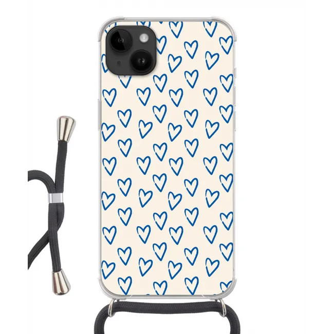 Telefoonhoesje met koord - Hartjes patroon - Blauw - Beige - Liefde