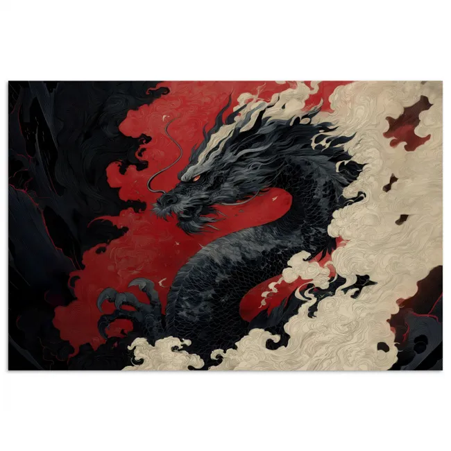 Zwarte draak - Rookwolken - Rood poster papier klein -3d