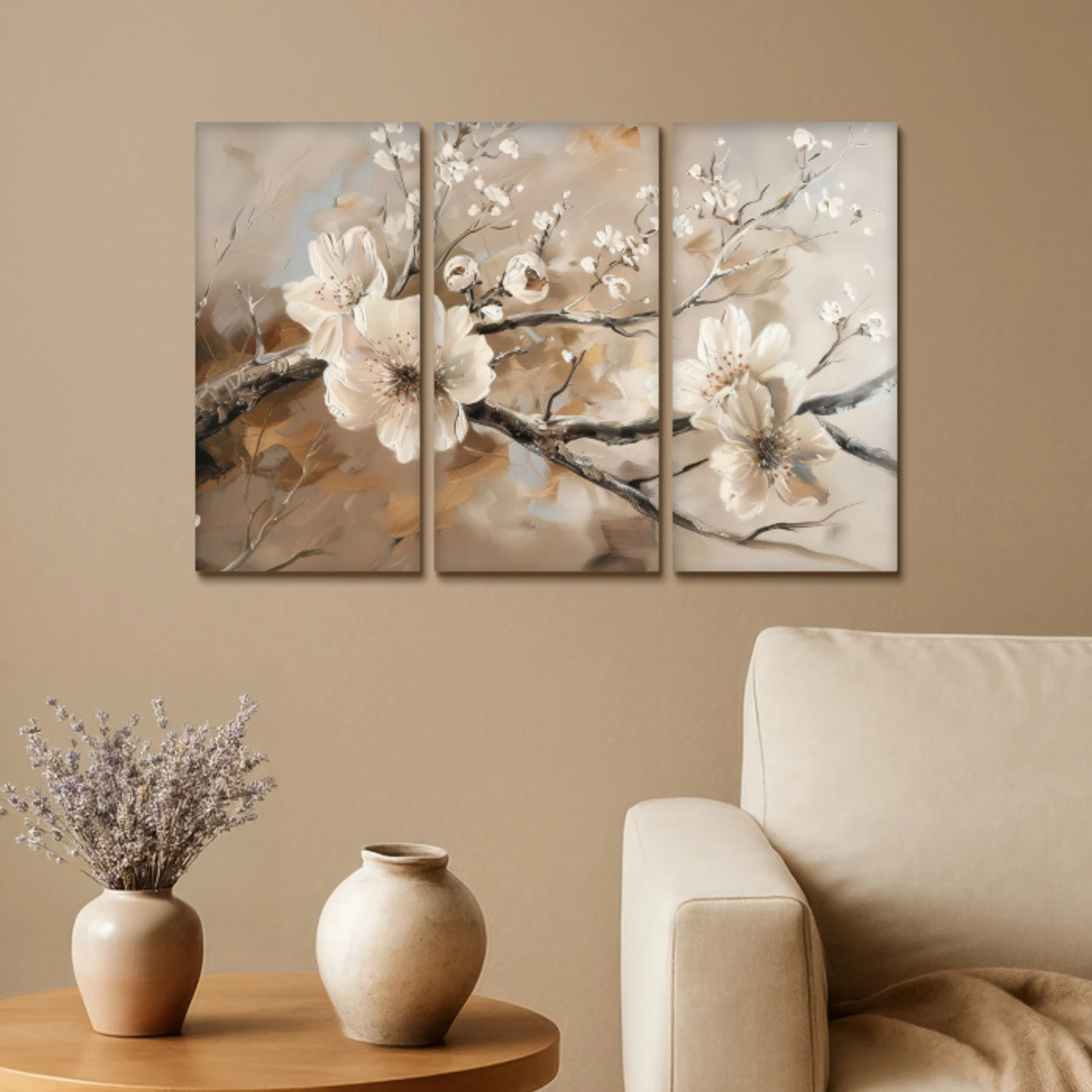 Bloesem - Beige - Abstract - Bloemen Canvas - Meerluiken 3 luik klein -sfeer1