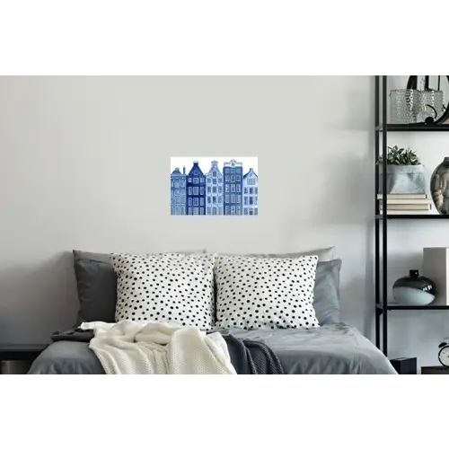 Aquarel - Grachtenpanden - Delfts - Blauw Muursticker klein -slaapkamer