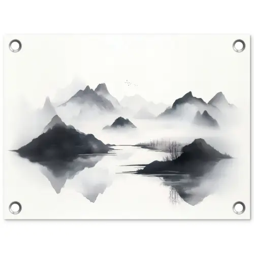 Bergen - Mistig - Water - Wit tuinposter los doek klein -3d