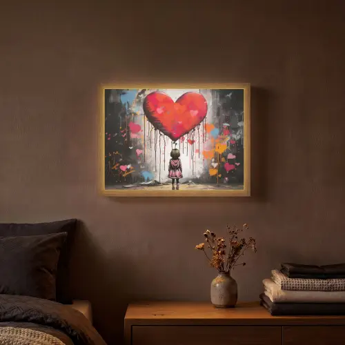 Meisje - Hart - Graffiti - Kunst - Kleuren - Rood Light Box met batterij (Wandlamp) middel -sfeer4
