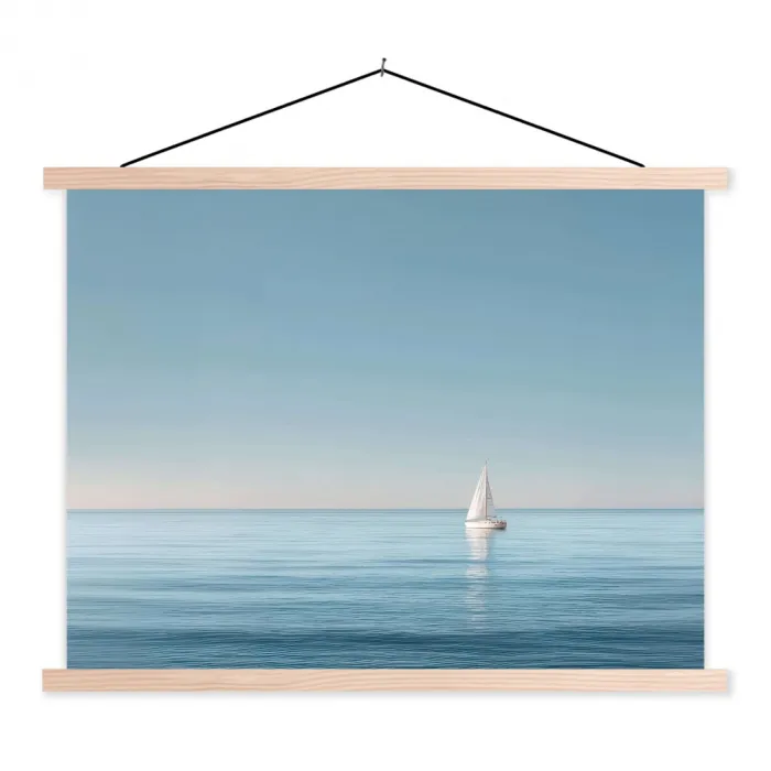 Zeilbootje - Kalme zee - Helderblauwe hemel textielposter latten blank klein -3d