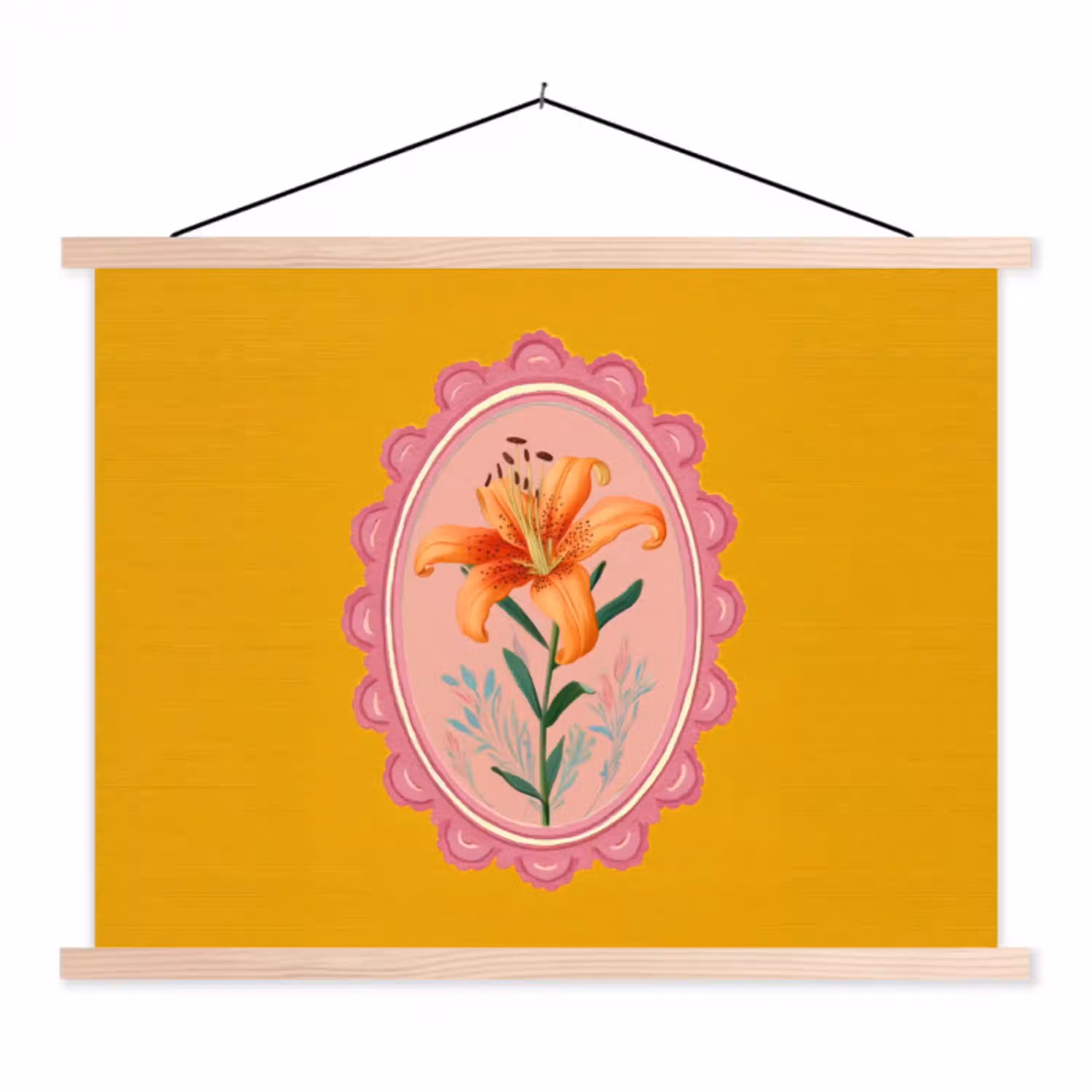 Lelie - Oranje - Lijst - Ovaal textielposter latten blank klein -3d