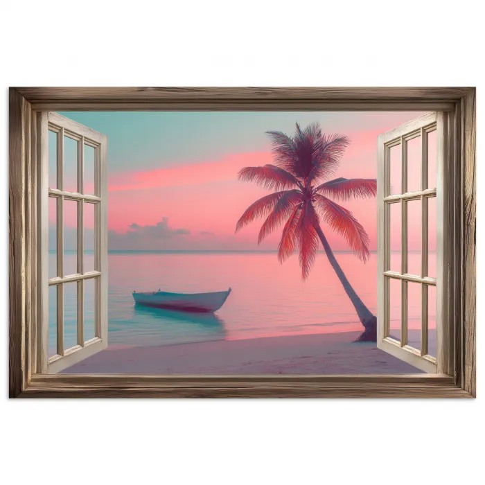 Doorkijk - Strand - Palmboom - Tropisch poster papier klein -3d