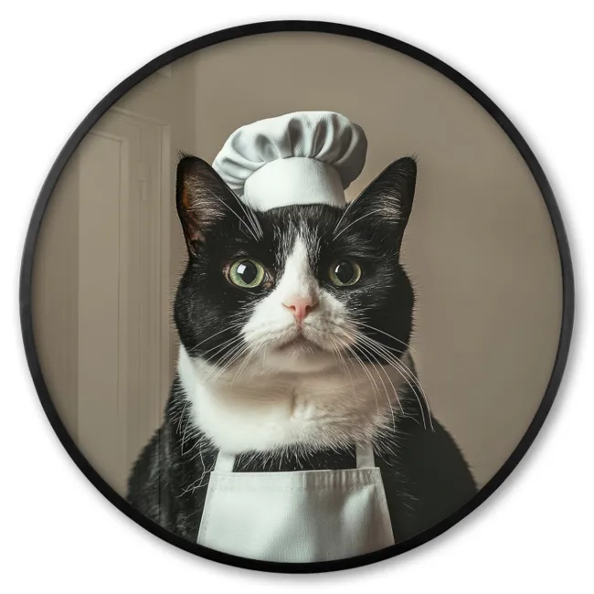 Photo Frame Round - Cat - Chef's Clothing - Black - White