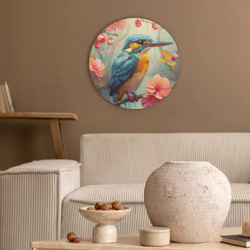 IJsvogel - Bloesem - Natuur - Vogels - Bloemen Akoestische PET Vilt - Rond klein -sfeer1