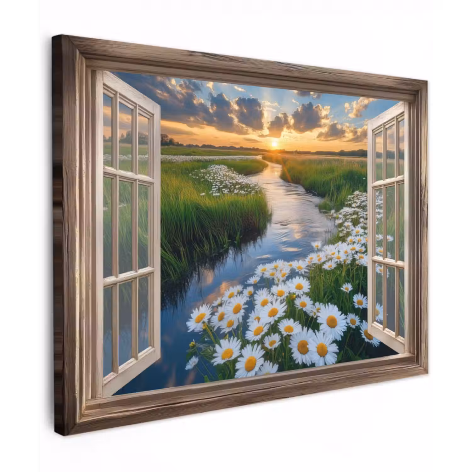 Leinwandbild - Aussicht - Landschaft - Fenster - Wasser - Sonnenuntergang