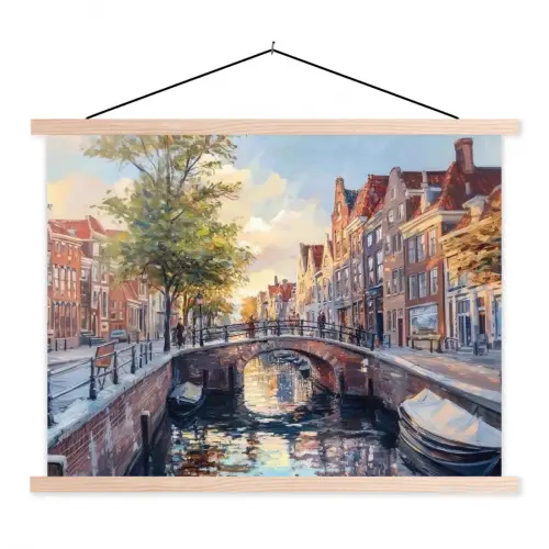Brug - Stad - Huizen - Boot textielposter latten blank klein -3d