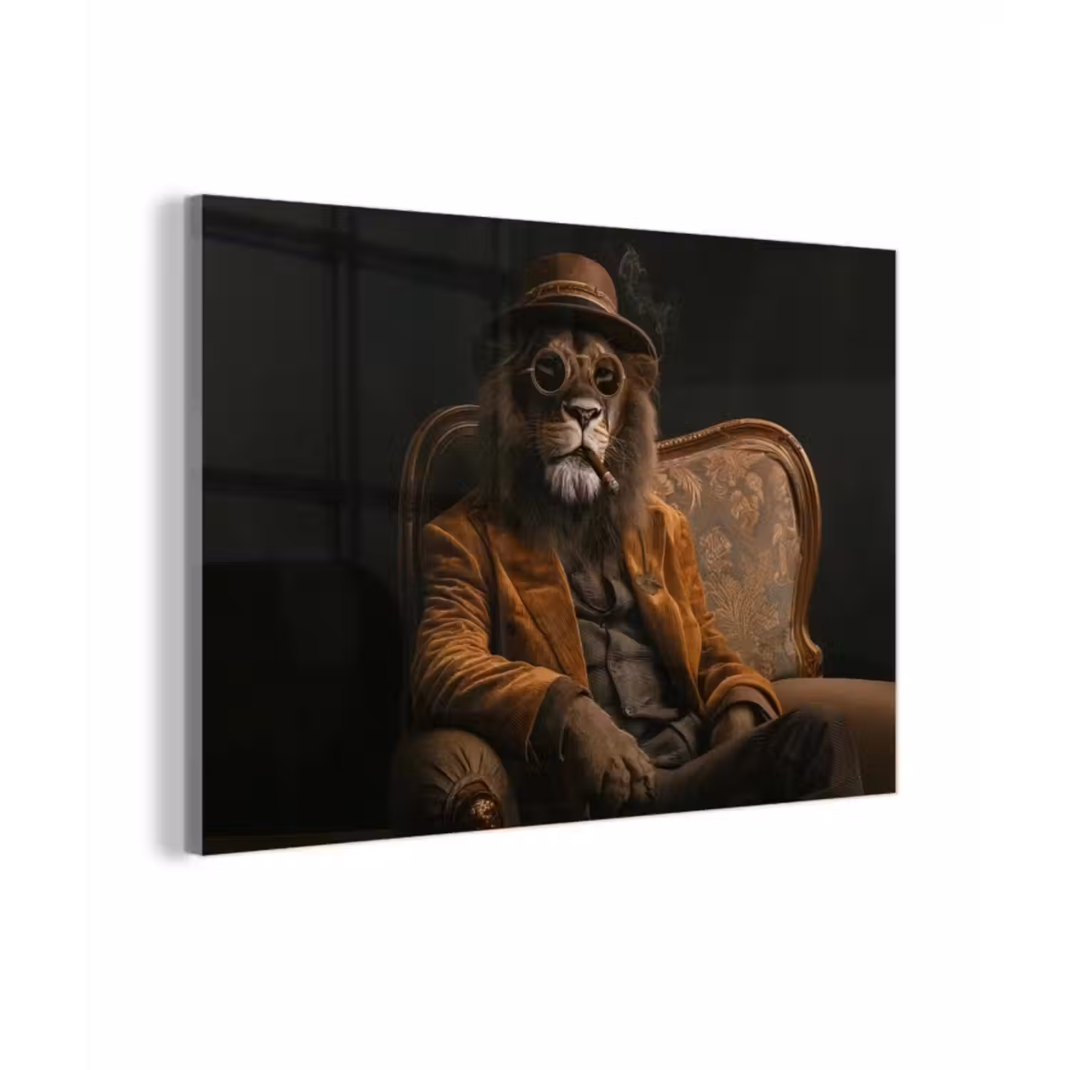 Glas schilderij - Bril - Leeuw - Bank - Hoed