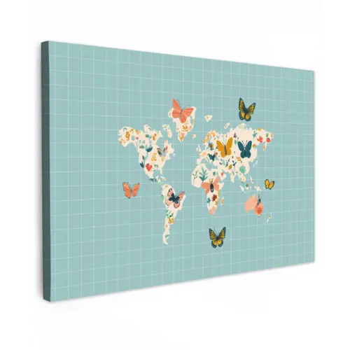 Wereldkaart - Vlinders - Dromerig Tuinposter op houten frame 2 cm dik klein -3d