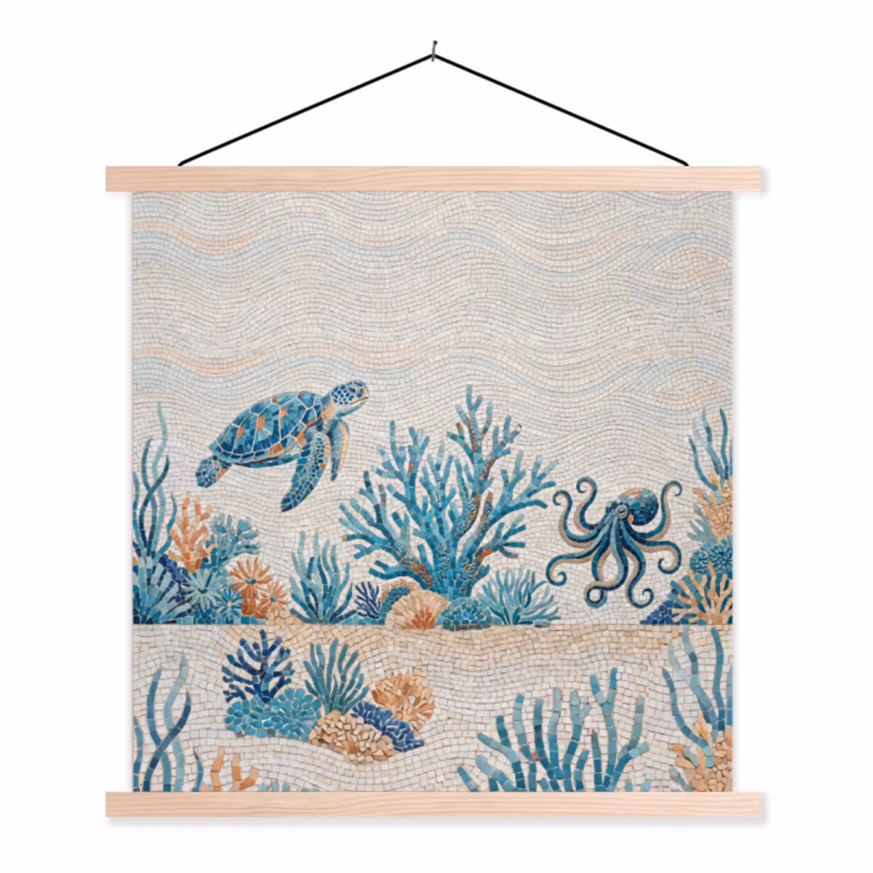 Dieren - Onderwater - Natuur - Mozaïek - Blauw textielposter latten blank klein -3d