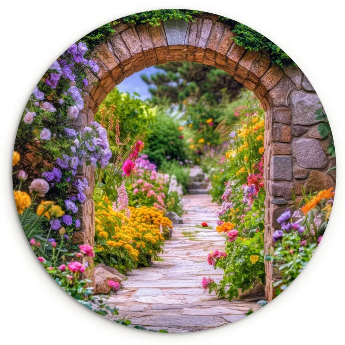 Doorkijk - Bloemen - Pad - Natuur Wandcirkel kunststof plaat 5mm dik klein -3d