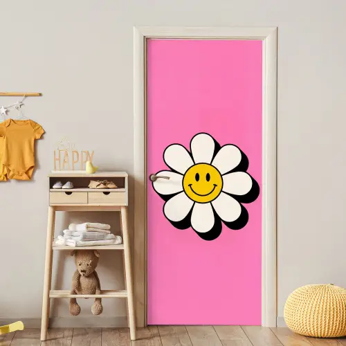 Smiley - Bloem - Roze deurposter klein -sfeer4