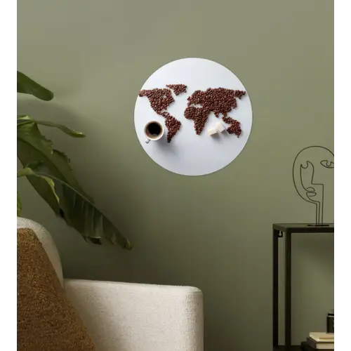 Wereldkaart - Koffiebonen - Suikerklontjes Wandcirkel behangsticker klein -sfeer2