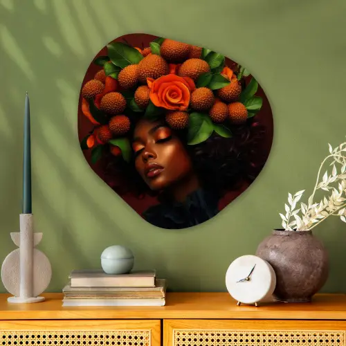 Vrouw - lychee - exotisch Wandcirkel Organisch Aluminium middel -sfeer2