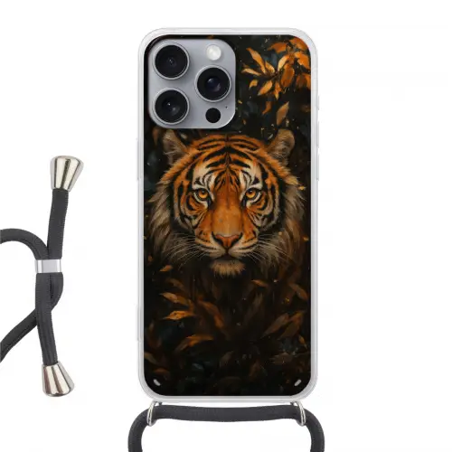 Bladeren - Tijger - Oranje Hoesje iPhone 16 Pro Max met koord klein -3d