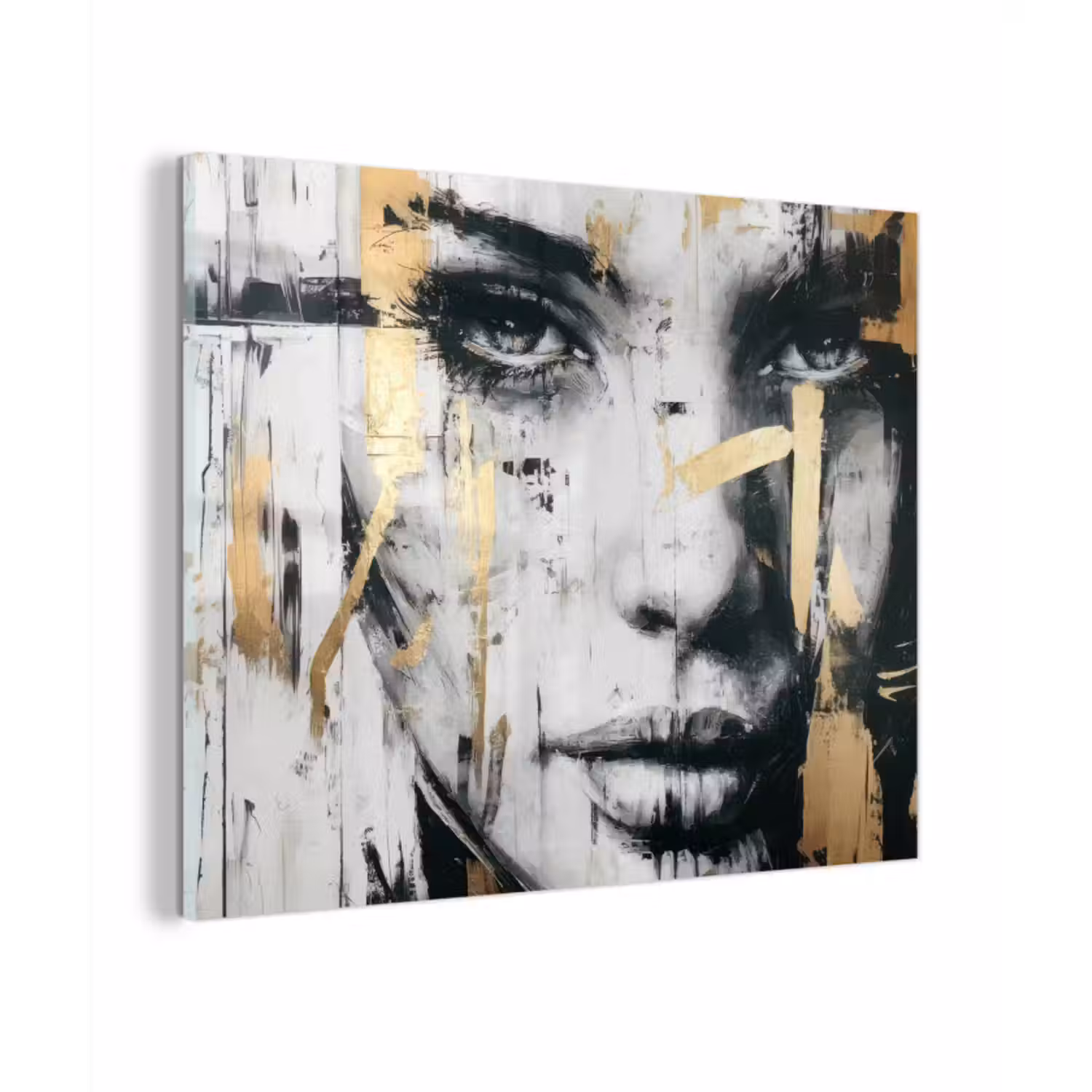 Glas schilderij - Portret - Vrouw - Penseelstreken - Goud