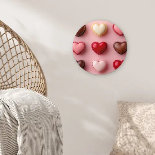 Macarons - Hartjes - Kleurrijk - Roze Wandcirkel kunststof plaat 5mm dik klein -sfeer5