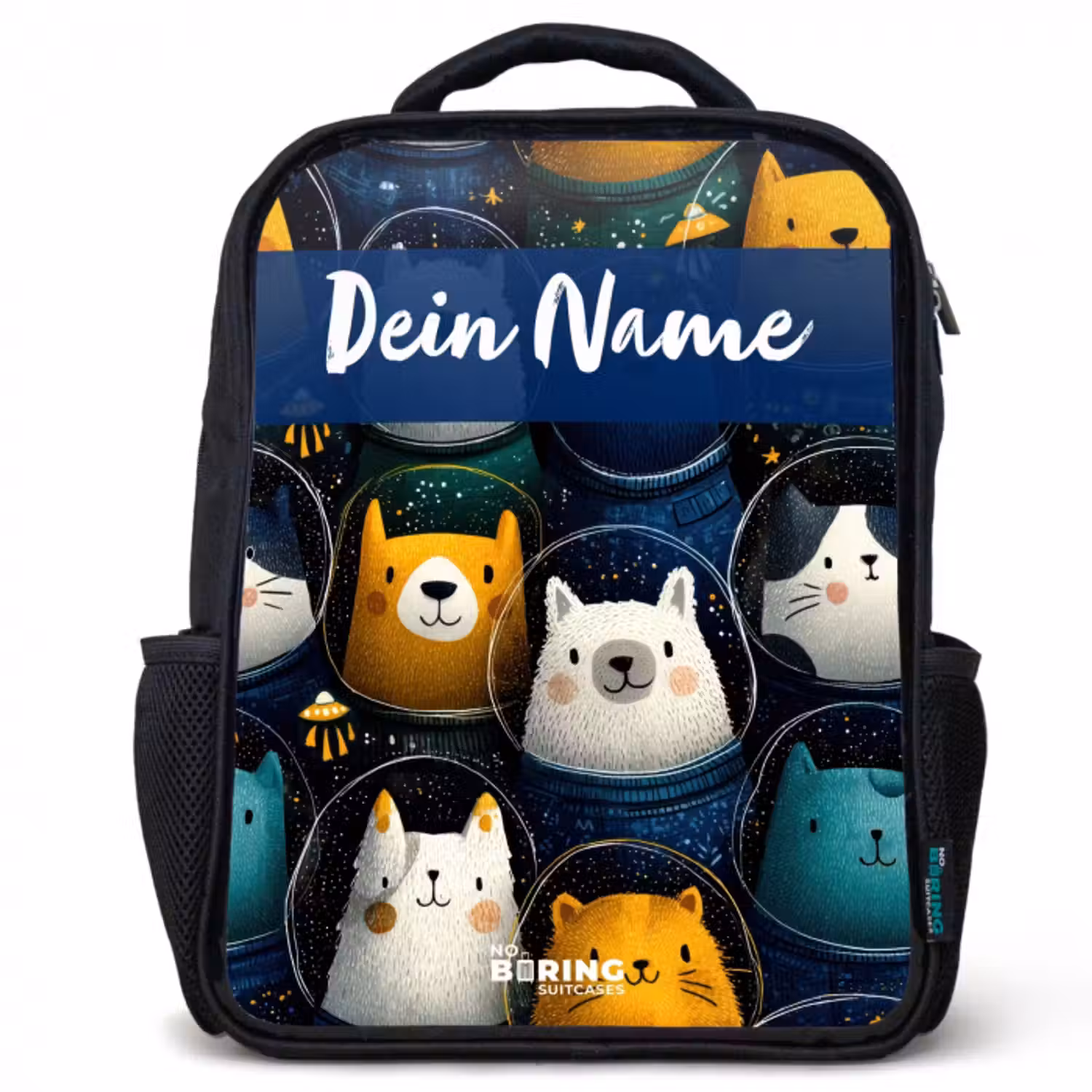 Kinderrucksack mit Namen - Schwarz - Tiere - Sterne - Planeten - Astronaut