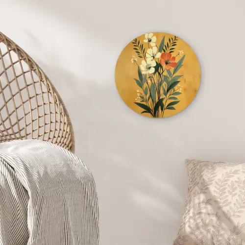 Bladeren - Boeket - Bloemen - Geel Wandcirkel kunststof plaat 5mm dik klein -sfeer5