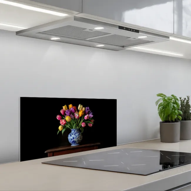 Tulpen - Kleuren - Hout - Vaas keuken achterwand spatscherm klein -3d_schuin