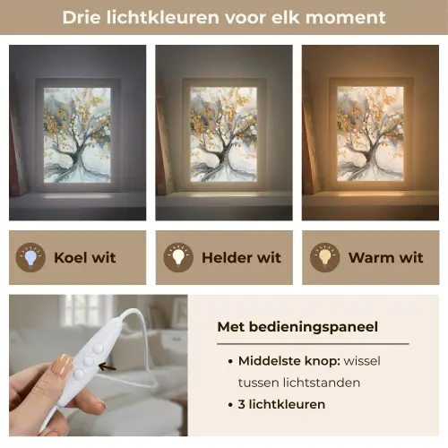 Boom - Modern - Abstract - Goud - Zwart - Wit Light Box met kabel (Tafellamp) klein -USP_lichtkleurNL