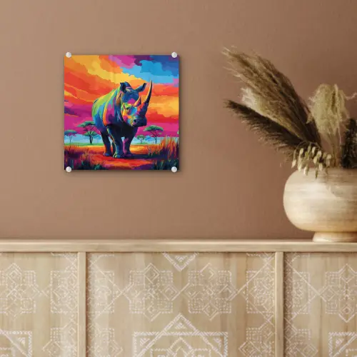 Neushoorn - Zonsondergang - Savanna - Kleurrijk plexiglas 5mm klein -sfeer5