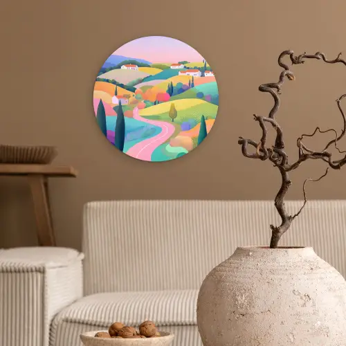 Landschap - Paars - Pastel - Huizen Wandcirkel plexiglas klein -sfeer1
