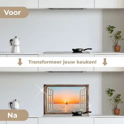 Doorkijk - Zee - Boot - Zonsondergang keuken achterwand spatscherm klein -voor_na_NL