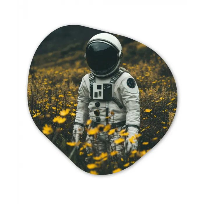 Astronaut - Bloemen - Veld - Geel Wandcirkel Organisch Forex 3mm klein -3d