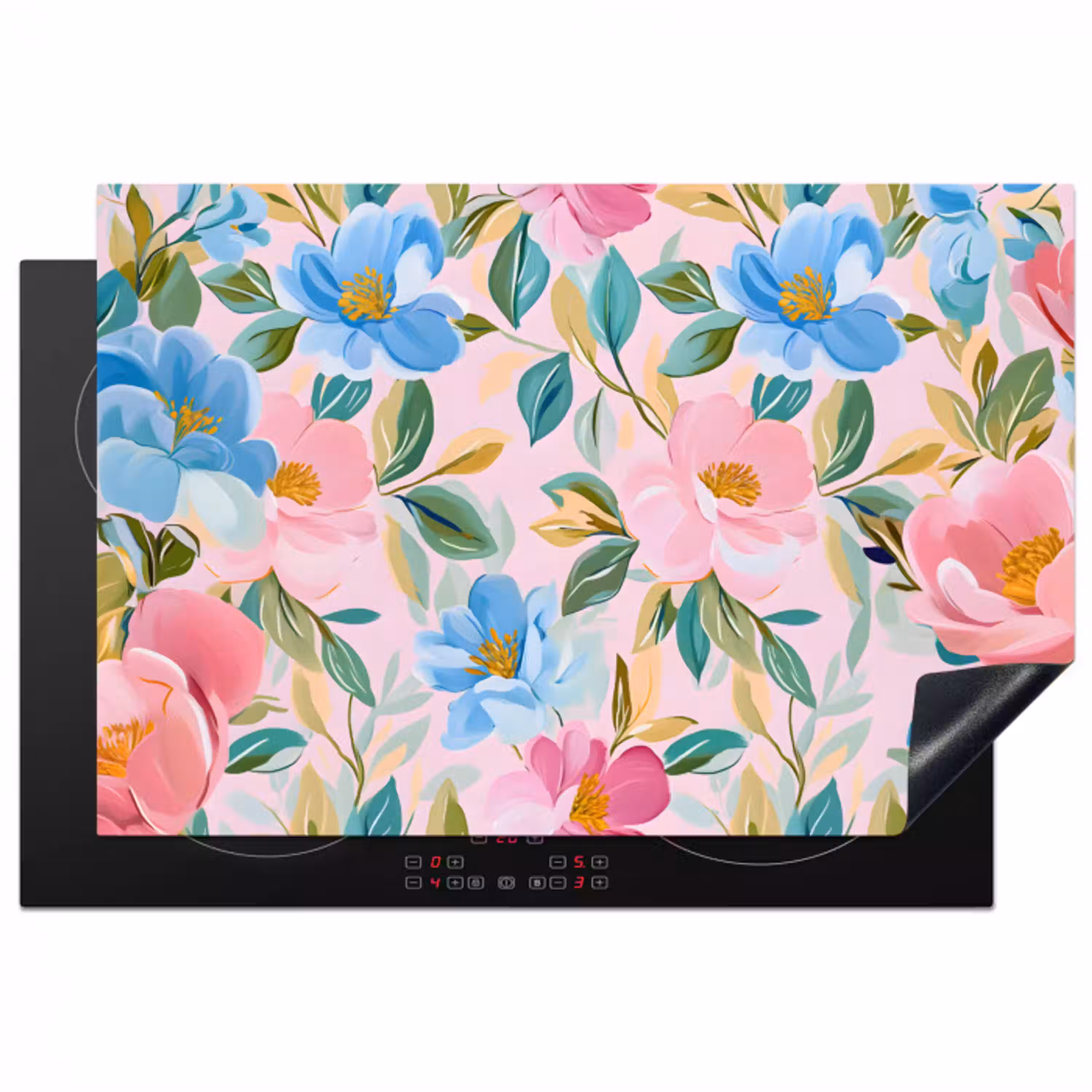 Blauw - Roze - Bloemen Inductie beschermer vinyl 3mm klein -3d