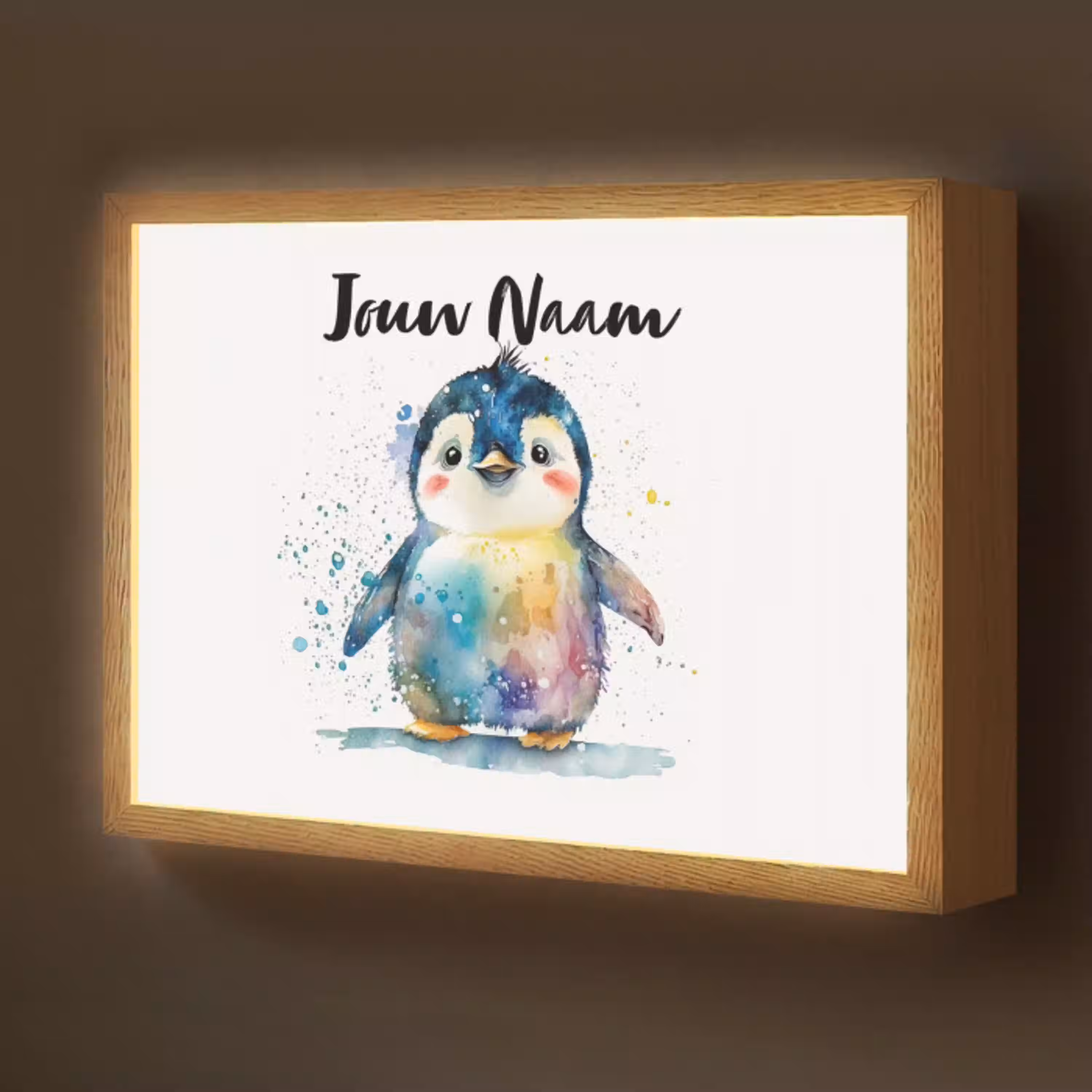 Pinguïn - Regenboog - Waterverf - Dieren - Kinderen Light Box met batterij (Wandlamp kind) middel -z3d_website