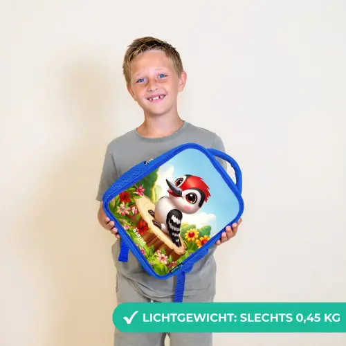 Specht op en boomstronk Kinderrugzak - Blauw middel -sfeer1_NL