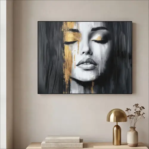 Gezicht - Vrouw - Penseelstreken - Abstract Textielframe zwart klein -sfeer2