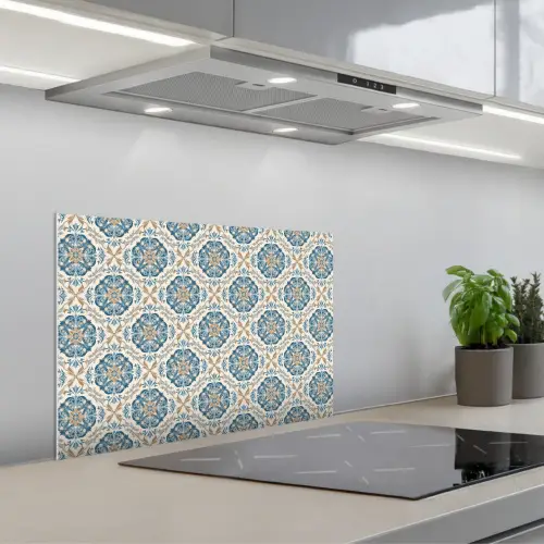 Tegel - Patroon - Blauw - Goud keuken achterwand spatscherm klein 900 -3d_schuin