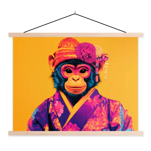 Aap - Kimono - Bloemen - Hoofdtooi textielposter latten blank klein -3d