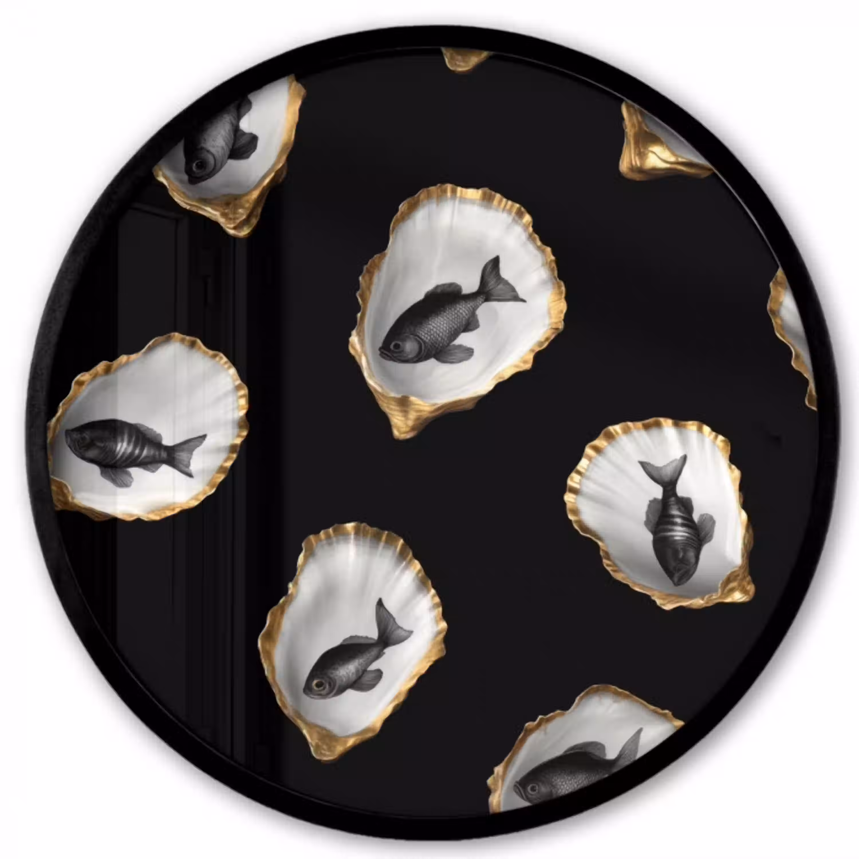 Oesters - Zwart - Vissen - Goud Fotolijst rond zonder passe partout klein -3d